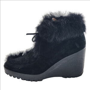 Coach Kataya Black Suede Wedge Fur Trim Boots Women’s 7.5B Italy